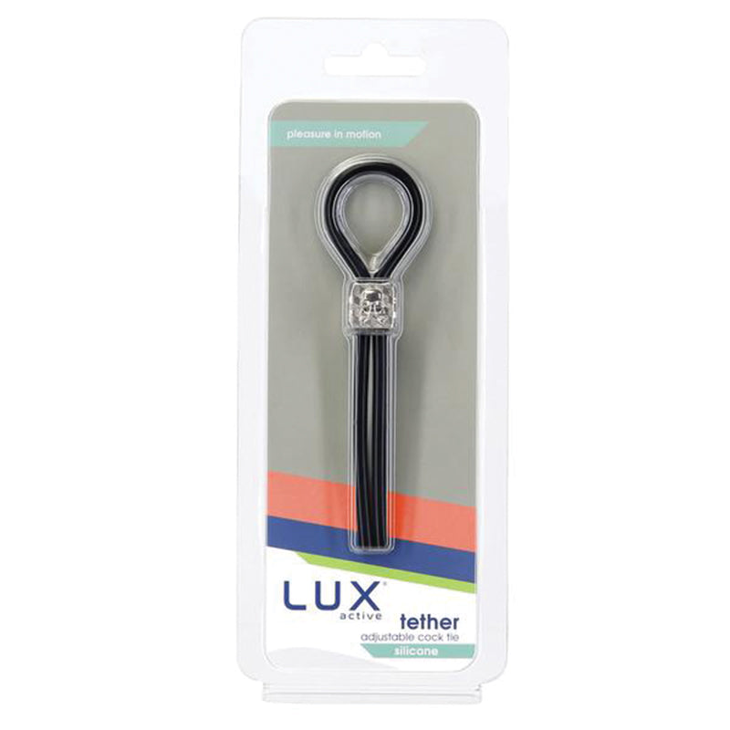 Lux Active Tether Adjustable Cock Tie in black silicone packaging.