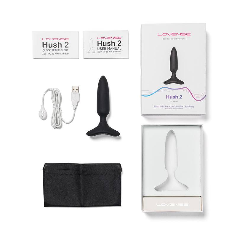 Lovense Hush 2 app-compatible butt plug, premium silicone design, includes setup guide and user manual, USB charging cable, discreet packaging.