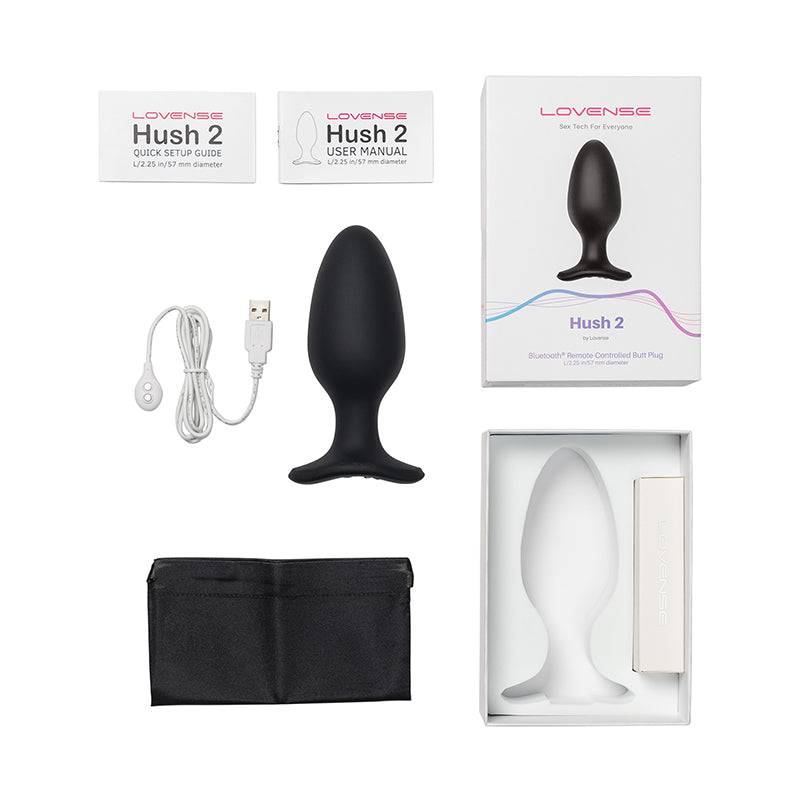 Lovense Hush 2 app-compatible butt plug with accessories and packaging.