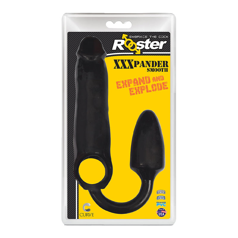 Curve Toys Rooster XXXPANDER Smooth Penis Extender Sheath with Cockring & Anal Plug Black