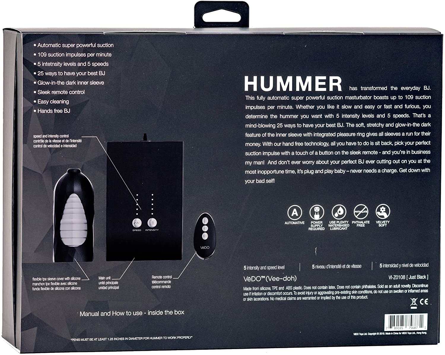 VeDo Hummer Super BJ Machine packaging showing features and usage instructions.