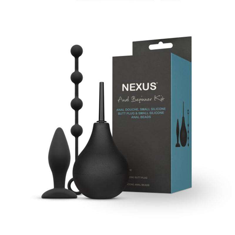 Nexus Anal Beginner Kit with black silicone douche, beads, and small butt plug.