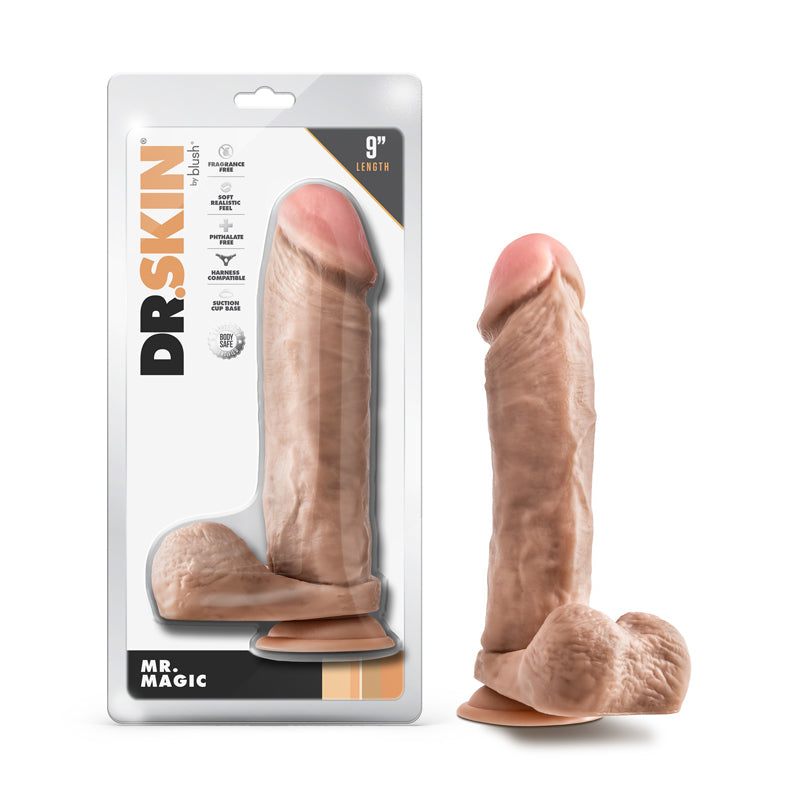 Dr. Skin Mr. Magic 9-inch dildo with balls, beige, lifelike design, textured shaft, suction base.