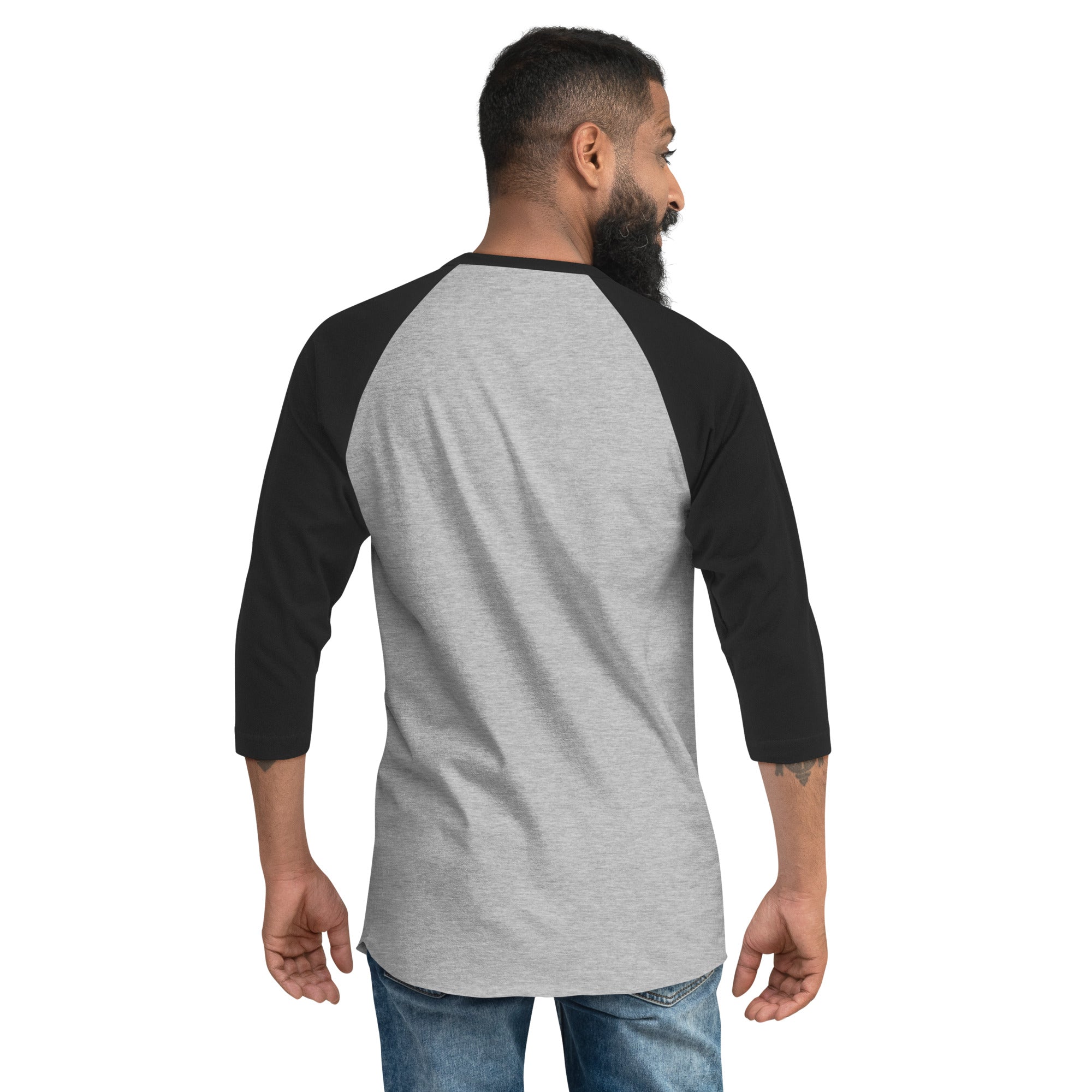 Man wearing black and gray 3/4 sleeve raglan shirt with iconic circle logo.