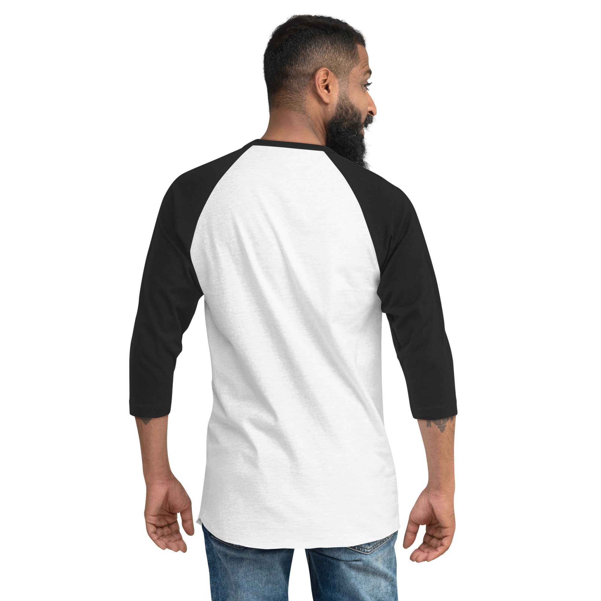 Man wearing TIM 25th Anniversary Circle Logo 3/4 Sleeve Raglan Shirt, featuring black sleeves and a white body, with a retro-inspired design.