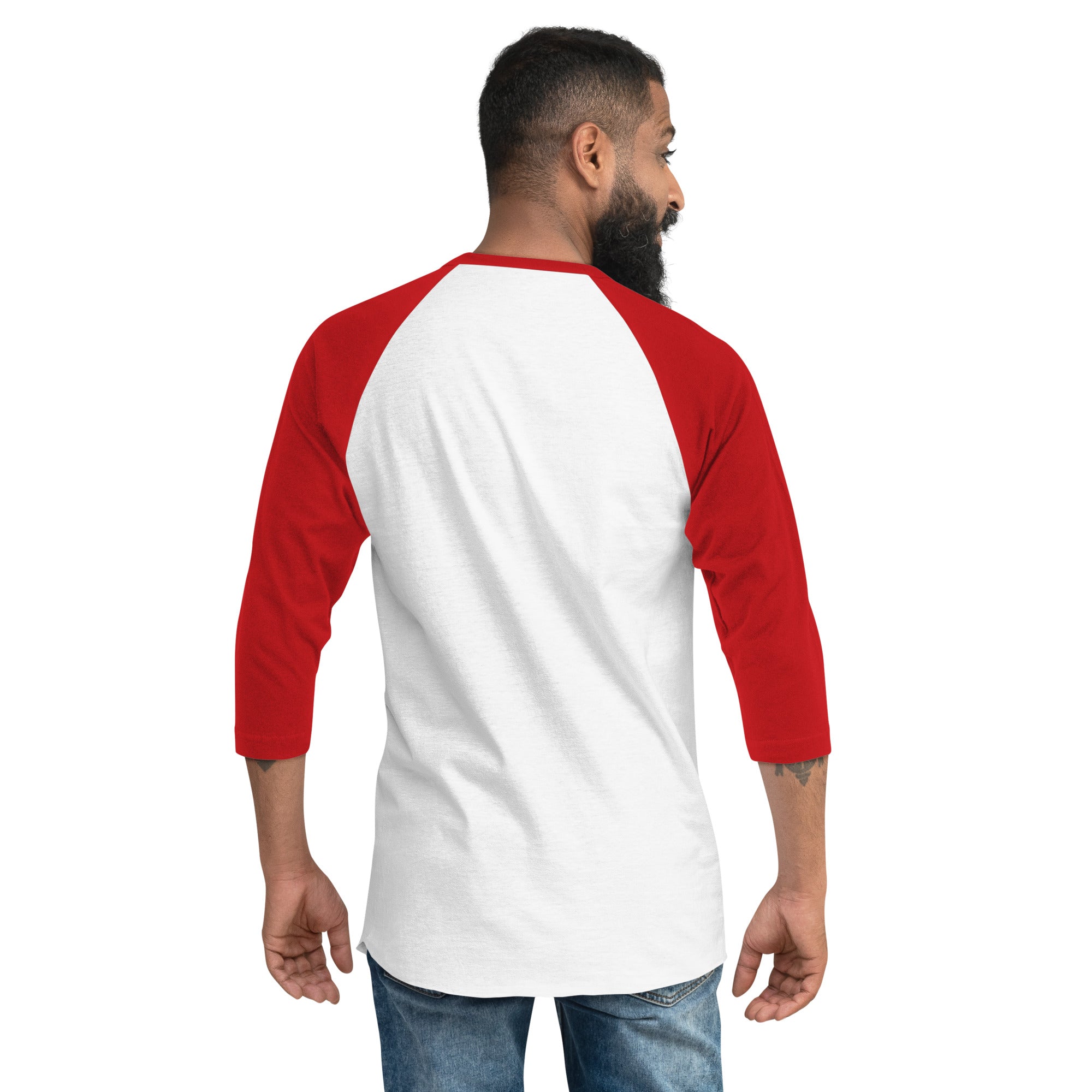 Red and white 3/4 sleeve raglan shirt featuring TIM 25th Anniversary Circle Logo.