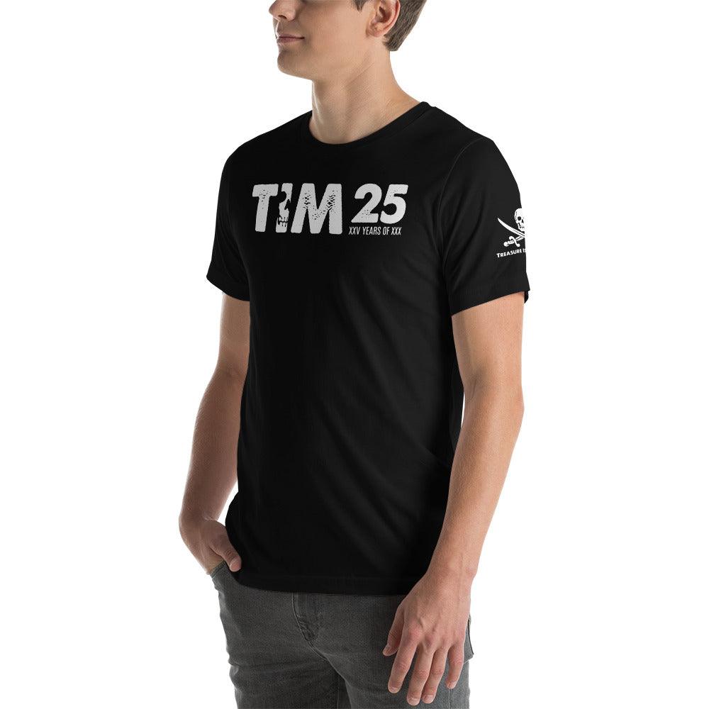 TIM 25th Anniversary T-Shirt featuring exclusive logo design, celebrating Treasure Island Media's milestone.