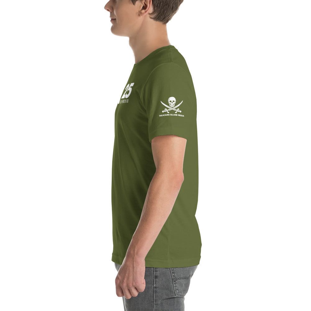 Green TIM 25th Anniversary T-Shirt with skull logo, side view.