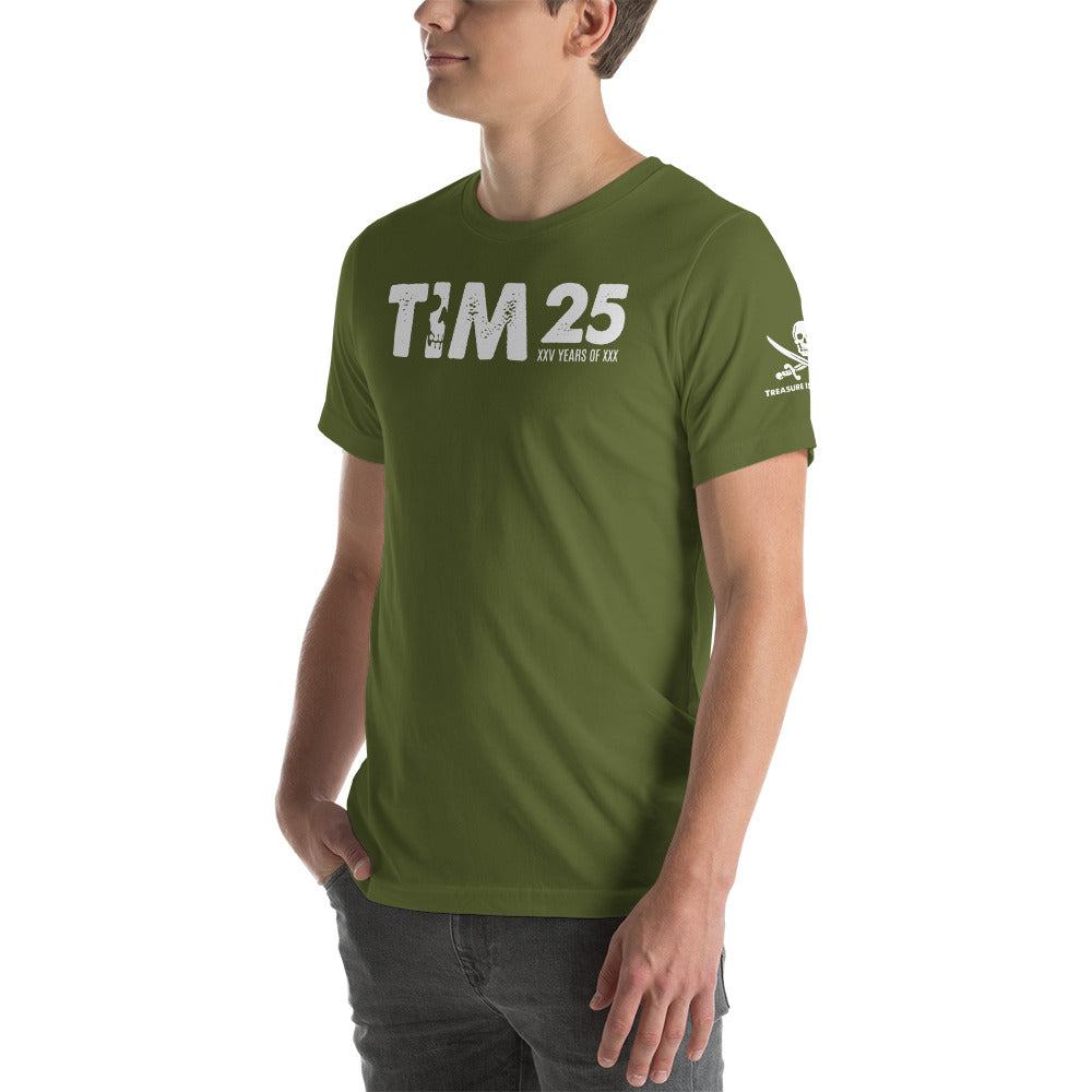 TIM 25th Anniversary T-Shirt with exclusive design celebrating Treasure Island Media's 25 years, featuring iconic TIM logo and graphic.